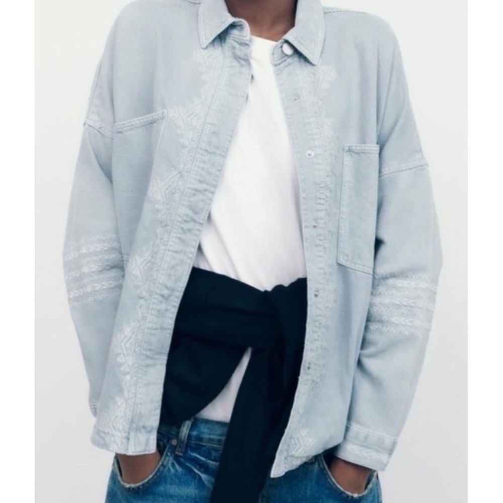 Zara Embroidered Denim Shirt Medium Blue Western Aztec Oversized Boho Jacket
